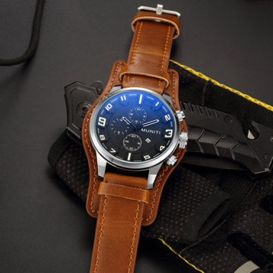 MUNITI Sport Military Watch Quartz Big Dial Calendar Leather Watches for Men Army Male Clock for Men Watches