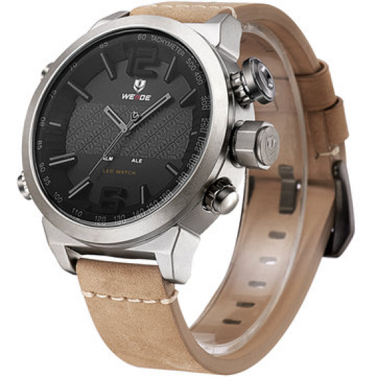 Fashion LED Digital Watch Waterproof Leather Strap Men Wrist Watch Dual Display Watches for Men Watches