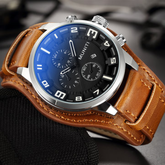 MUNITI Sport Military Watch Quartz Big Dial Calendar Leather Watches for Men Army Male Clock for Men Watches