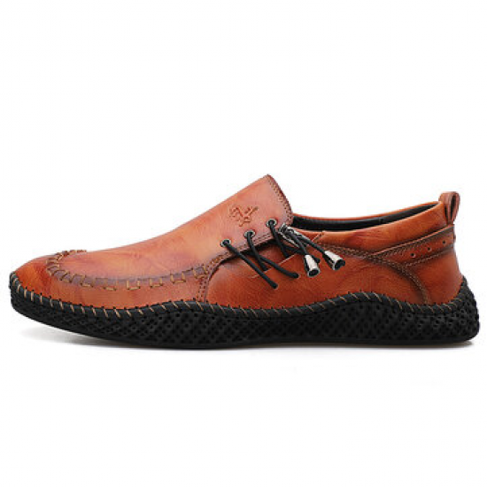 Menico Men Hand Stitching Non Slip Elastic Lace Soft Sole Casual Leather Shoes for Flats
