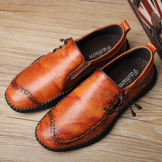 Menico Men Hand Stitching Non Slip Elastic Lace Soft Sole Casual Leather Shoes for Flats