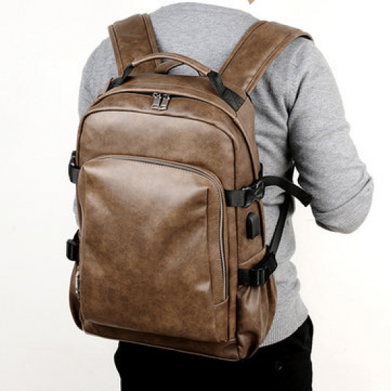 Men Business PU Leather Solid Backpack Casual Computer Bag for Backpacks